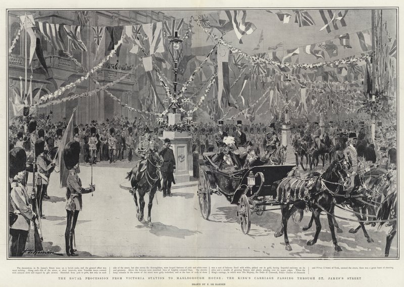 Le cortège royal de la gare Victoria à Marlborough House, le carrosse du roi passant par St James