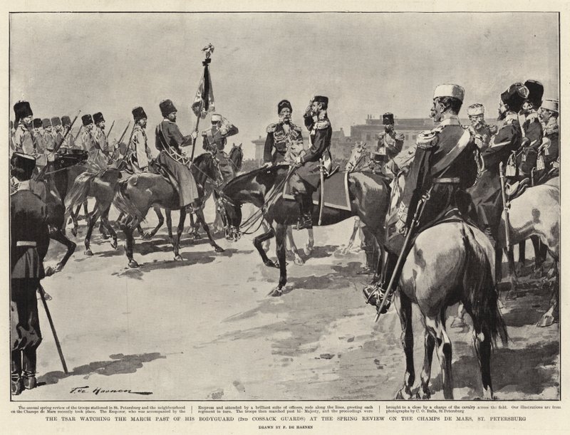 Le tsar regardant le défilé de sa garde du corps (2e gardes cosaques) lors de la revue de printemps sur le Champ de Mars, Saint-Pétersbourg - Frederic de Haenen