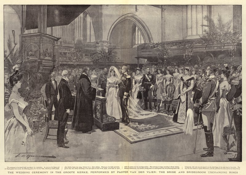La Cérémonie de Mariage dans la Groote Kerke, célébrée par le Pasteur Van der Vlier, les Mariés échangeant les Anneaux - Frederic de Haenen