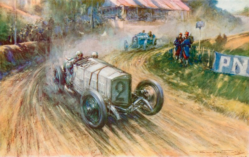 Lautenschlager avec la Mercedes allemande et Boillot avec la Peugeot française dans leur grande lutte pendant le Grand Prix de 1914 - Frederick Gordon (after) Crosby
