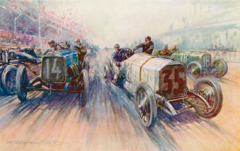 La Mercedes blanche de Lautenschlager au Grand Prix de 1908, une course où les pneus ont été dépensés en grande quantité - Frederick Gordon (after) Crosby