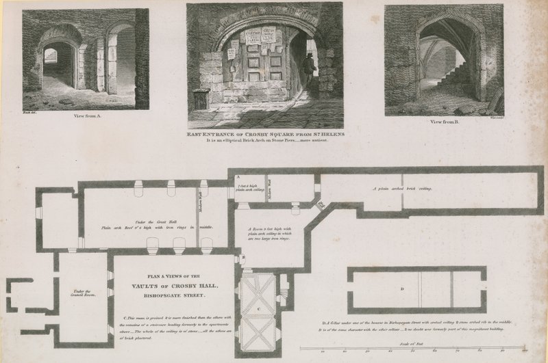 Plan au sol et vues des voûtes de Crosby Hall, Bishopsgate Street - Frederick Nash