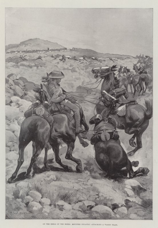 Sur les talons des Boers, infanterie montée attaquant un train de wagons - Frederick William Burton