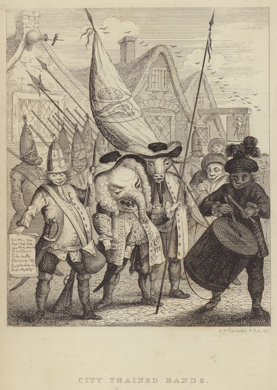 City Trained Bands : satire sur les milices associées à la City de Londres et la panique générée par la rébellion jacobite de 1745 (gravure) - Frederick William Fairholt
