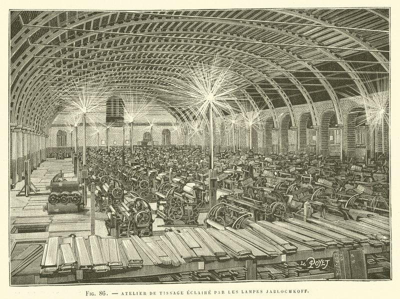 Atelier de tissage éclairé par les lampes Jablochkoff - French School