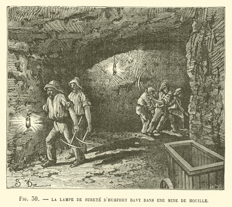 La lampe de sûreté de Humphry Davy dans une mine de houille - French School