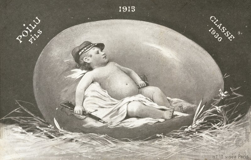 1915, carte de Pâques montrant un bébé soldat déjà armé dans un œuf - French Photographer