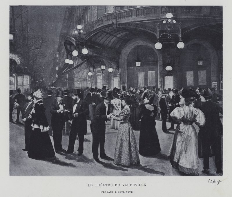 Devant le Théâtre du Vaudeville, Paris, pendant l