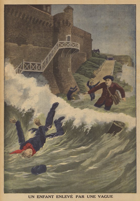 Un enfant emporté par une vague (lithographie en couleur) - French School