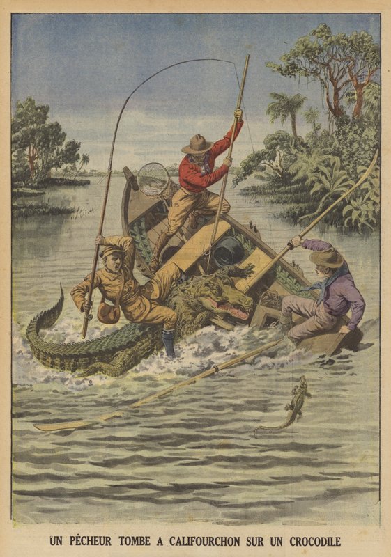 Un pêcheur tombant à califourchon sur un crocodile après que celui-ci a renversé son bateau - French School