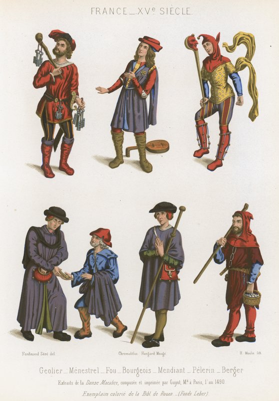 Un geôlier, un ménestrel, un fou, bourgeoisie, un mendiant, un pèlerin et un berger - French School