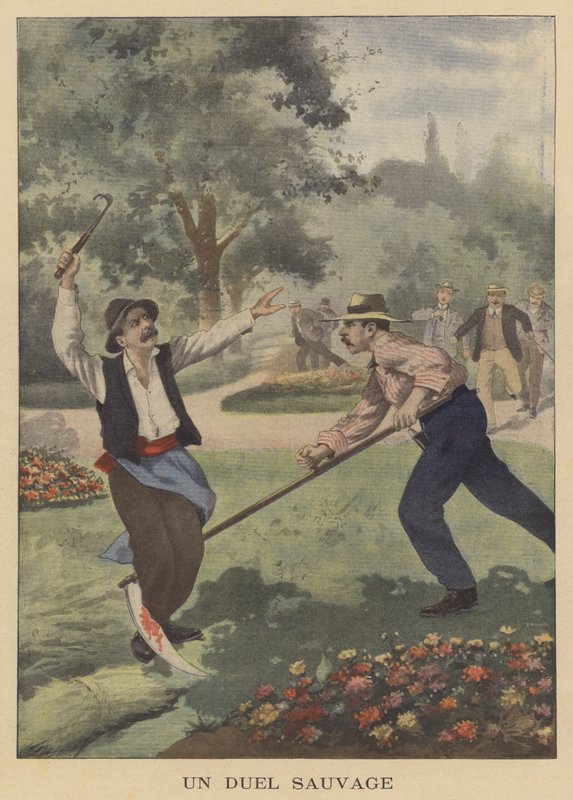 A savage duel (colour litho) - French School
