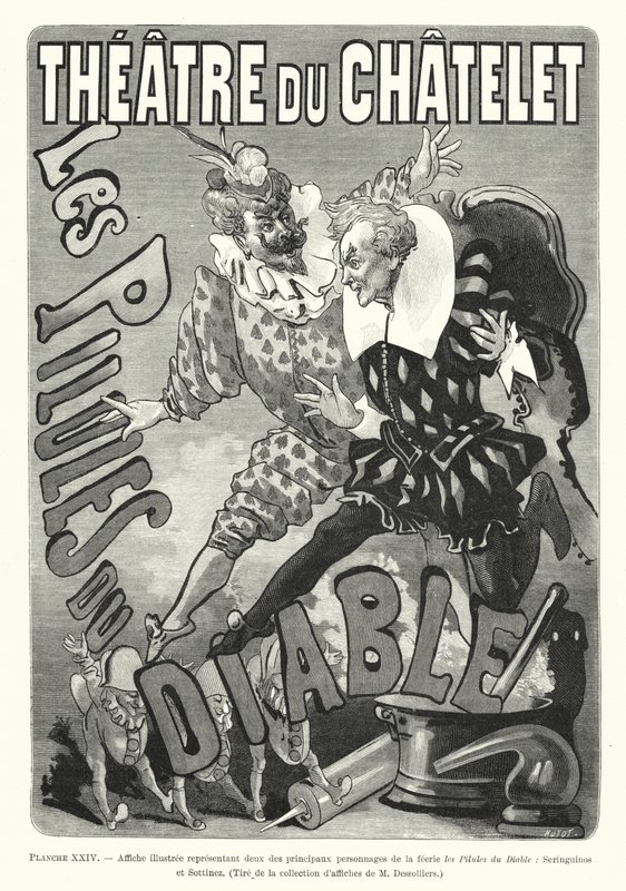 Affiche illustrée représentant deux des principaux personnages de la féerie les Pilules du Diable, Seringuinos et Sottinez - French School