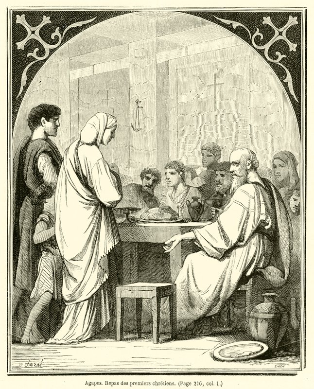 Agapes, Repas des premiers chrétiens (gravure) - French School