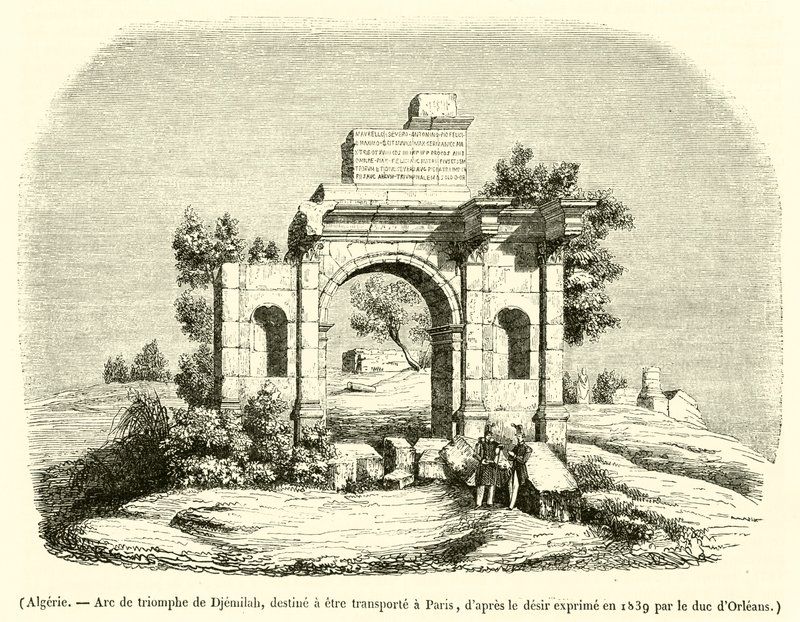 Algerie, Arc de triomphe de Djemilah, destine a etre transporte a Paris (engraving) - French School
