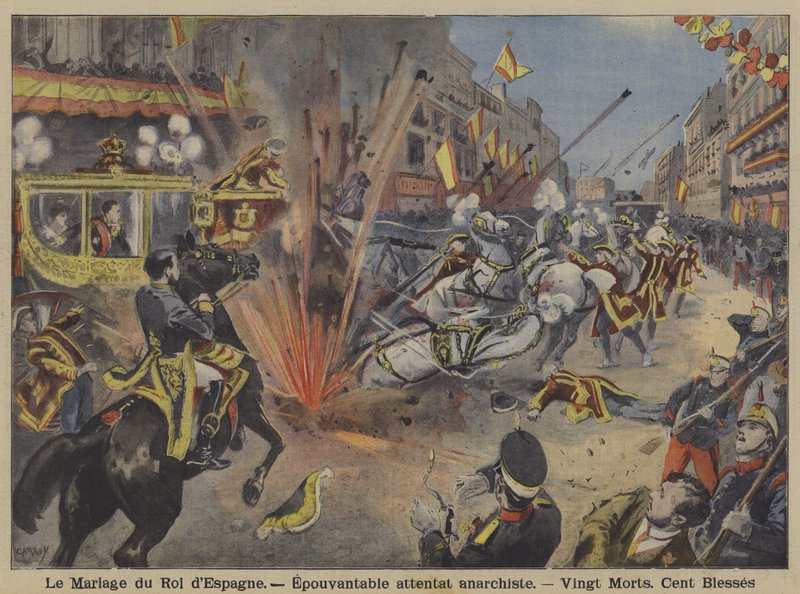 Attaque à la Bombe Anarchiste sur le Cortège Nuptial du Roi Alphonse XIII et de la Reine Victoria Eugénie de Battenberg à Madrid - French School