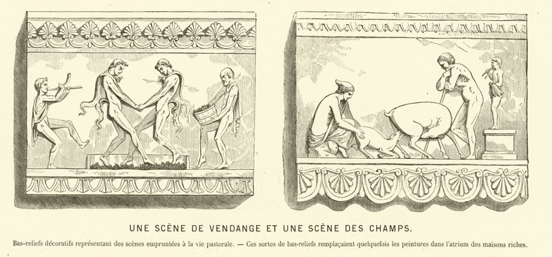 Bas-reliefs romains antiques représentant une récolte de raisin et une scène dans les champs (gravure) - French School