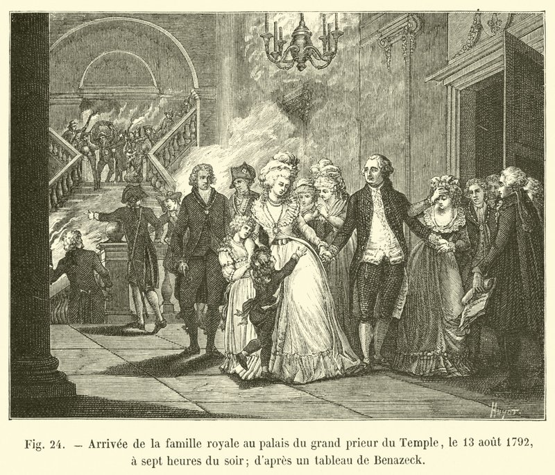Arrivée de la famille royale au palais du grand prieur du Temple, le 13 août 1792, à sept heures du soir; d
