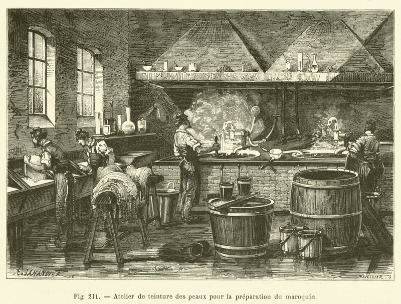 Atelier de teinture des peaux pour la preparation du maroquin - French School