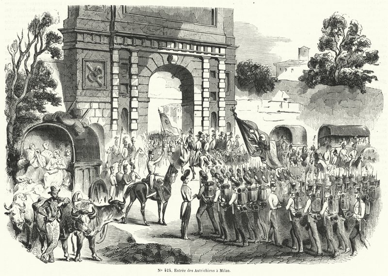 Troupes autrichiennes entrant à Milan, Italie, 6 août 1848 (gravure) - French School