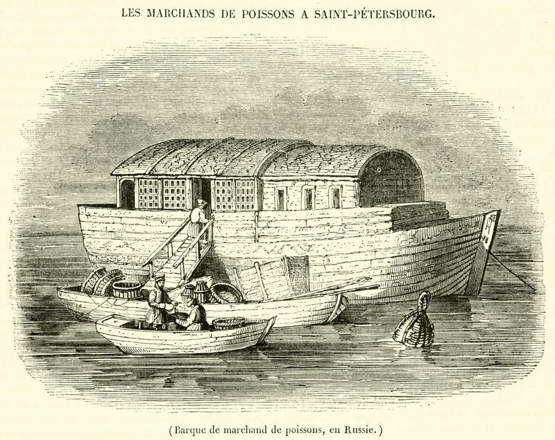 Barque de marchand de poissons, en Russie - French School