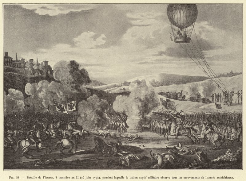 Bataille de Fleurus, 8 messidor an II (26 juin 1794), pendant laquelle le ballon captif militaire observe tous les mouvements de l