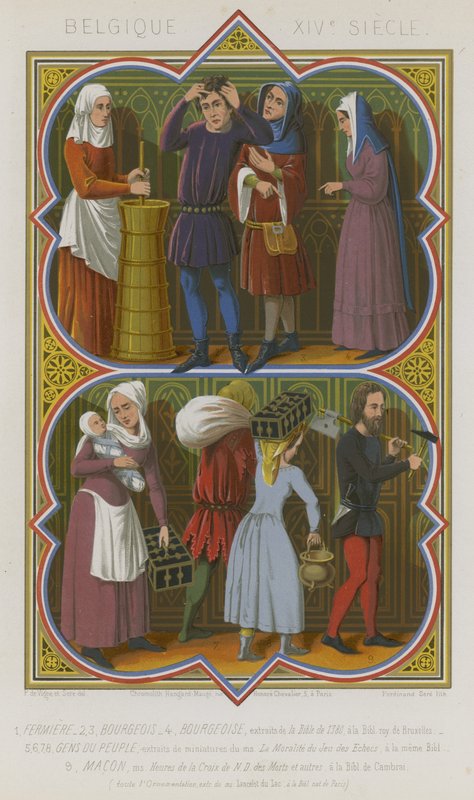 Représentations belges du 14e siècle de travailleurs agricoles, bourgeois, gens du commun et un maçon - French School