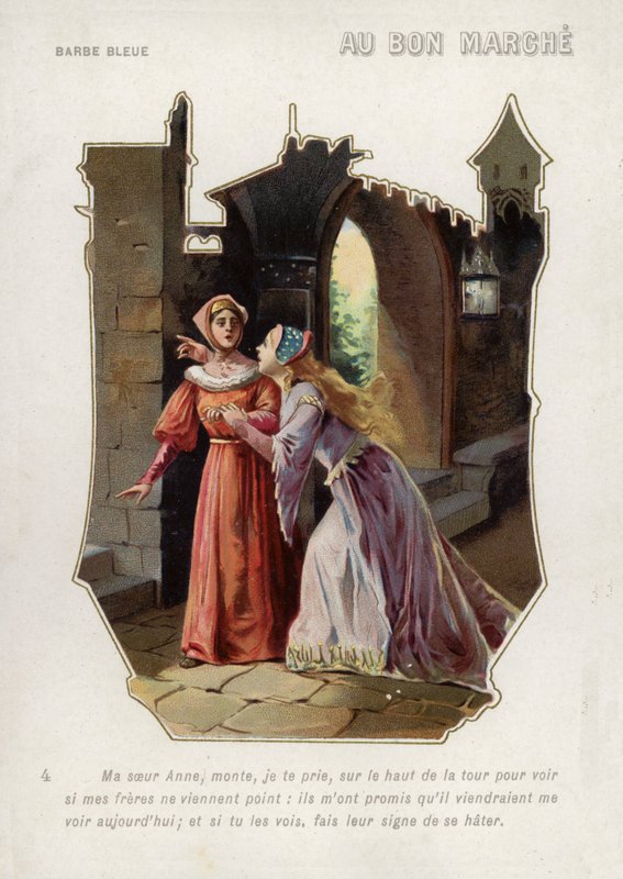 La femme de Barbe-Bleue dit à sa sœur, Anne, de monter dans la tour du château et de guetter ses frères (chromolithographie) - French School