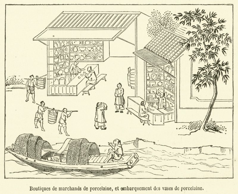 Boutiques de marchands de porcelaine, et embarquement des vases de porcelaine - French School