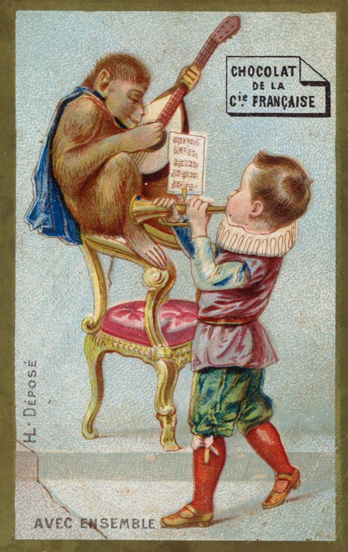 Garçon et singe jouant des instruments de musique ensemble - French School
