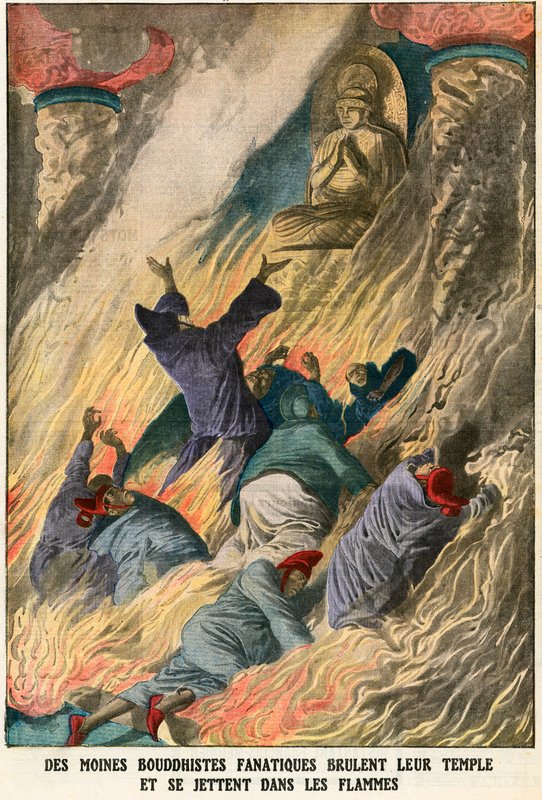 Les moines bouddhistes brûlent leur temple et se jettent dans les flammes - French School