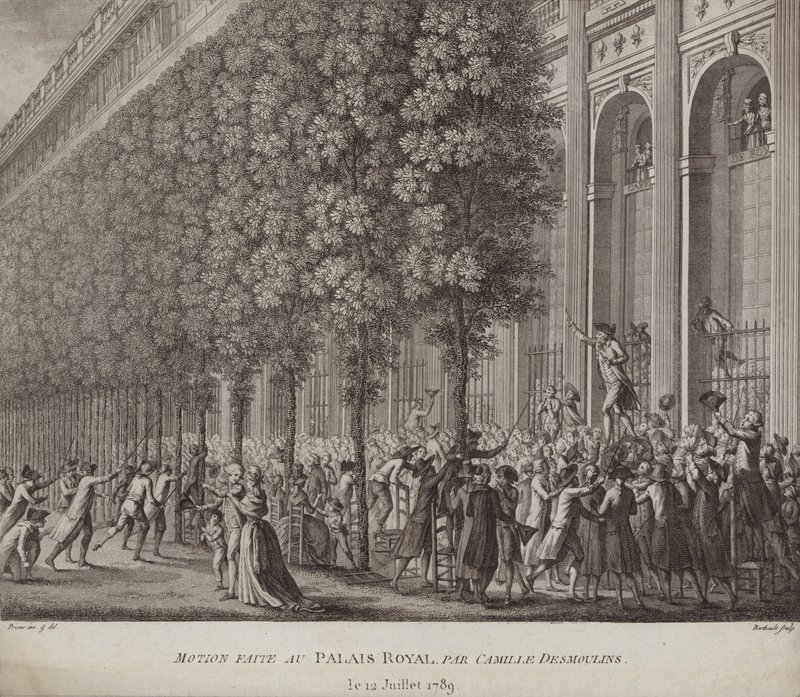 Camille Desmoulins appelant à la révolte au Palais Royal, Paris - French School
