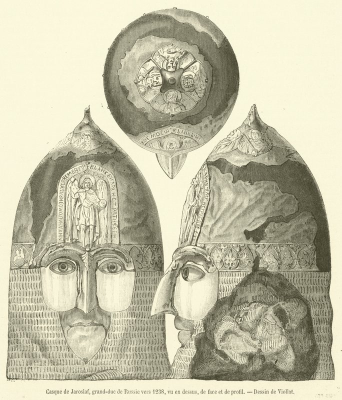 Casque de Jaroslaf, grand-duc de Russie vers 1238, vu en dessus, de face et de profil - French School