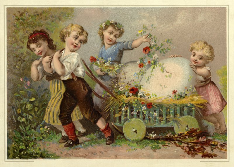 Enfants tirant un énorme œuf de Pâques - French School