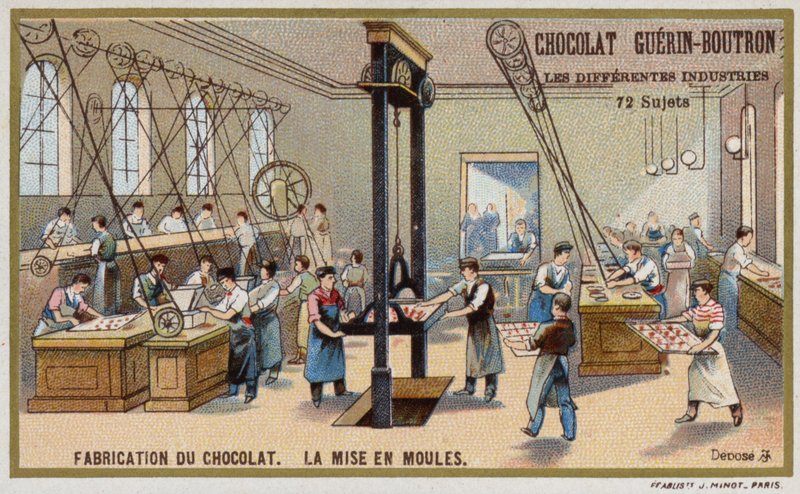 Fabrication du chocolat. Mise en moules du chocolat - French School