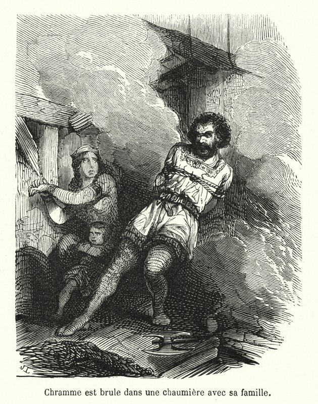 Chramme est brûlé dans une chaumière avec sa famille (gravure) - French School