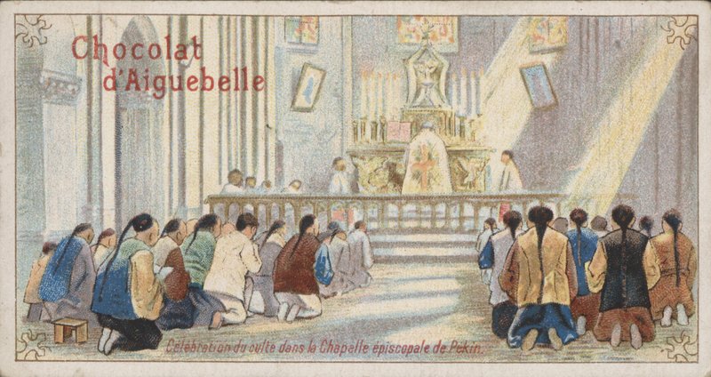 Chrétiens adorant dans la chapelle épiscopale de Pékin (chromolithographie) - French School