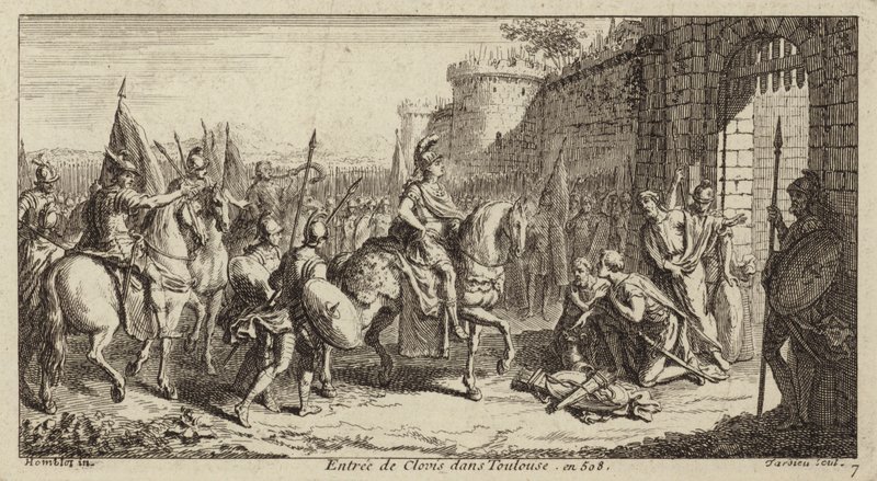 Clovis I, roi des Francs, entrant à Toulouse après avoir vaincu les Wisigoths, 508 - French School