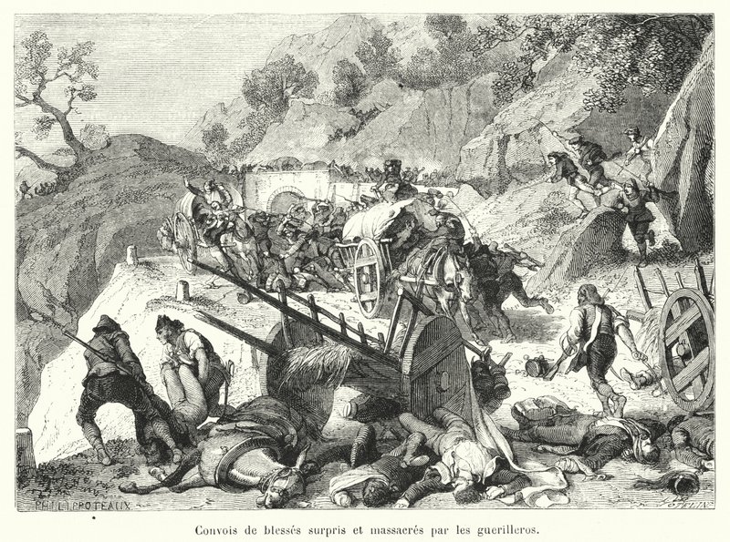 Convois de blessés surpris et massacrés par les guérilleros - French School