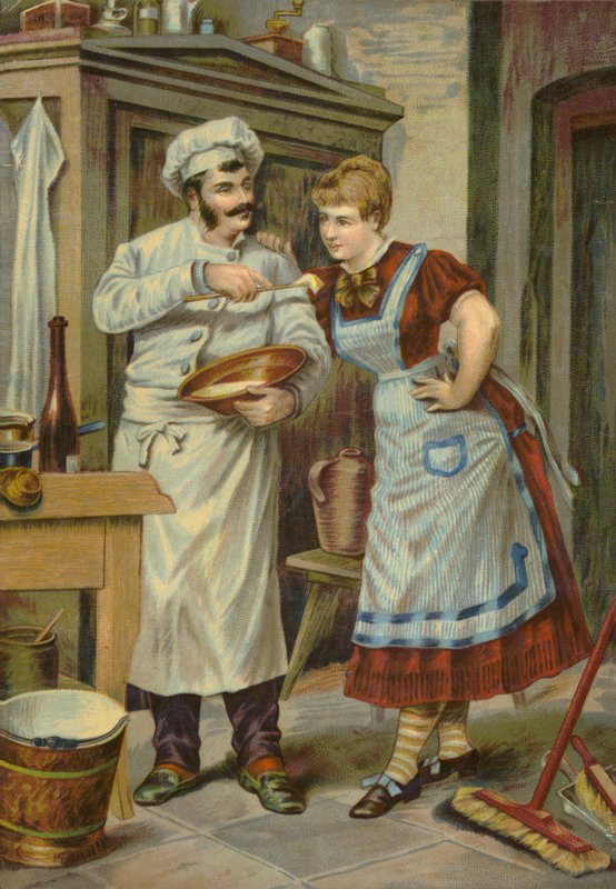 Cuisinier donnant quelque chose à goûter à la bonne - French School
