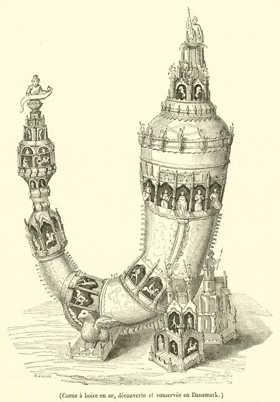 Corne a boire en or, decouverte et conservee en Danemark (engraving) - French School