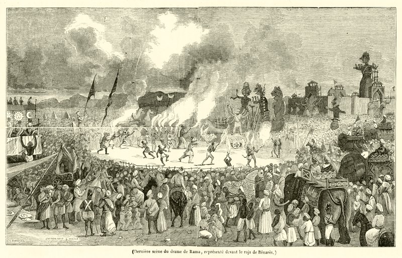 Derniere scene du drame de Rama, represente devant le raja de Benares (engraving) - French School
