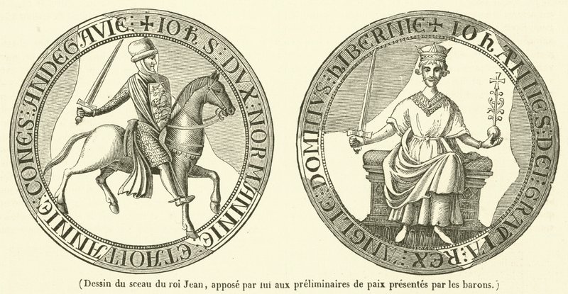 Dessin du sceau du roi Jean, appose par fut aux preliminaires de paix presentes par les barons (engraving) - French School