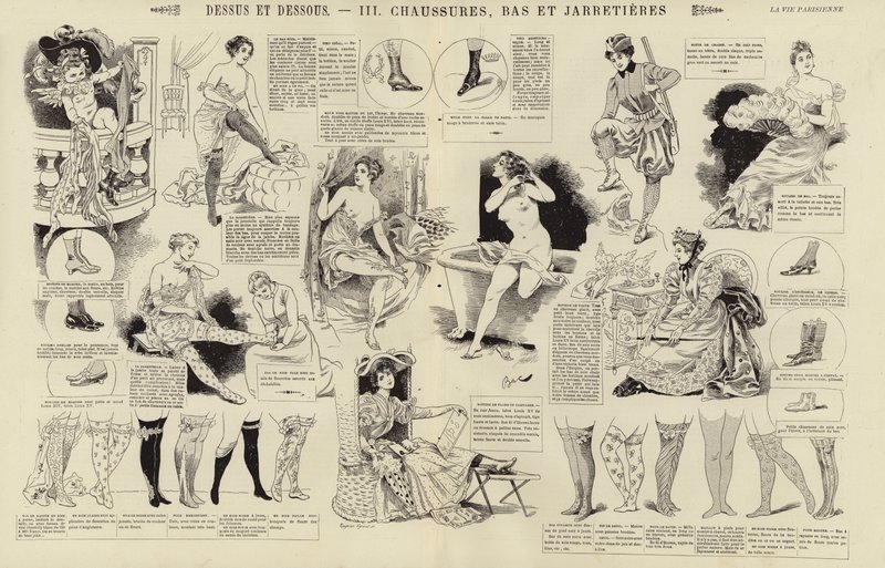 Dessus et dessous, Chaussures, bas et jarretières (gravure) - French School