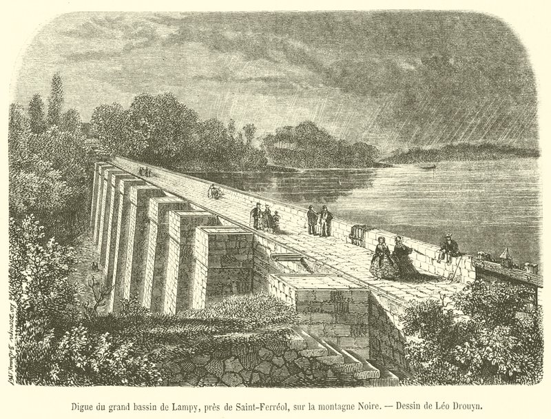 Digue du grand bassin de Lampy, près de Saint-Ferréol, sur la montagne Noire - French School