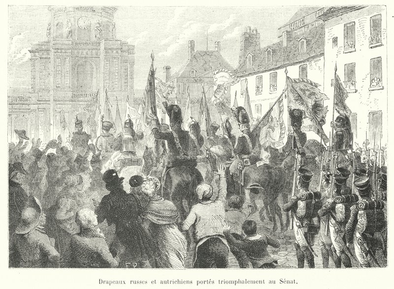 Drapeaux russes et autrichiens portés triomphalement au Sénat (gravure) - French School