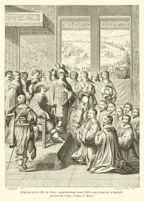 Échevins de la ville de Paris, complimentant Louis XIII à son retour de la Rochelle, gravure du temps; d