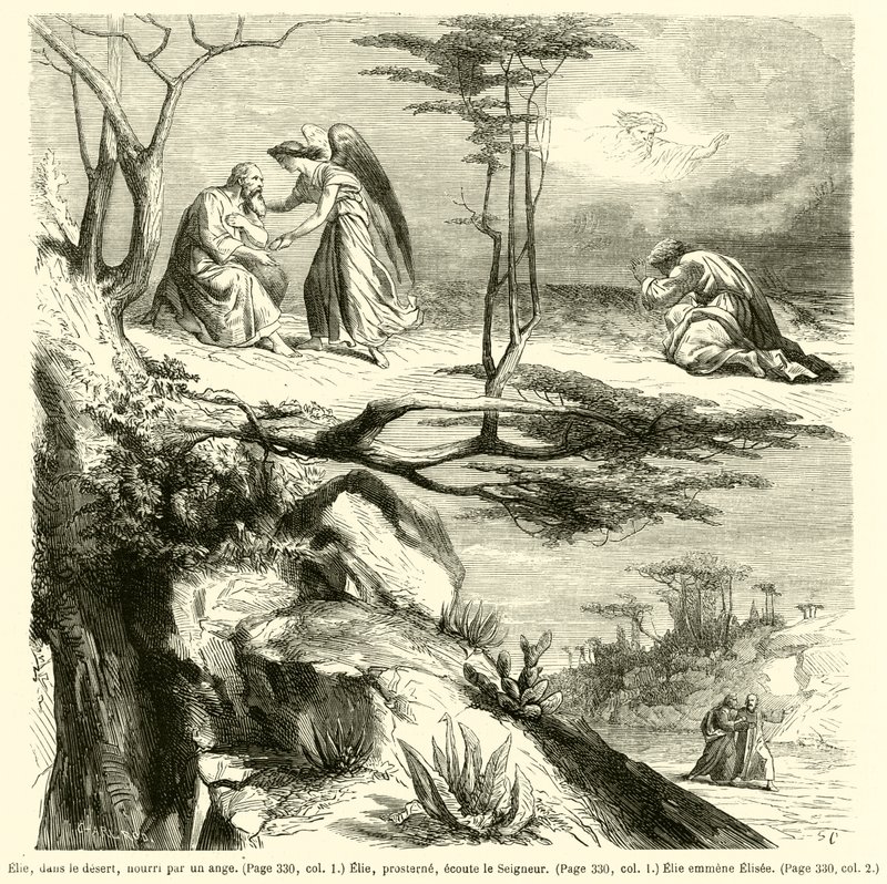 Élie, dans le désert, nourri par un ange, Élie, prosterné, écoute le Seigneur, Élie emmène Élisée - French School