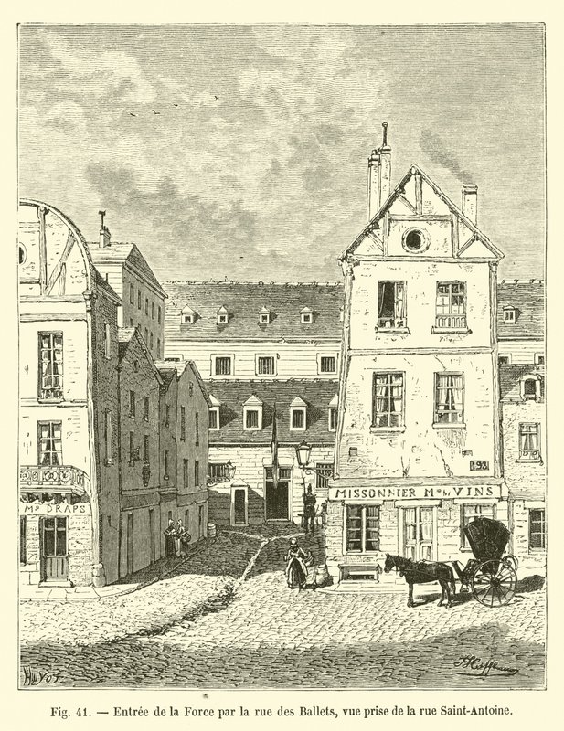 Entrée de la Force par la rue des Ballets, vue prise de la rue Saint-Antoine - French School