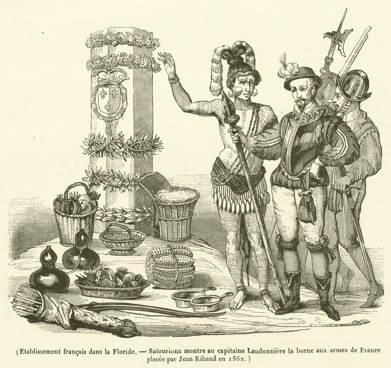 Etablissement francais dans la Floride, Satouriona montre au capitaine Laudonniere la borne aux armes de France placee par Jean Ribaud en 1562 - French School